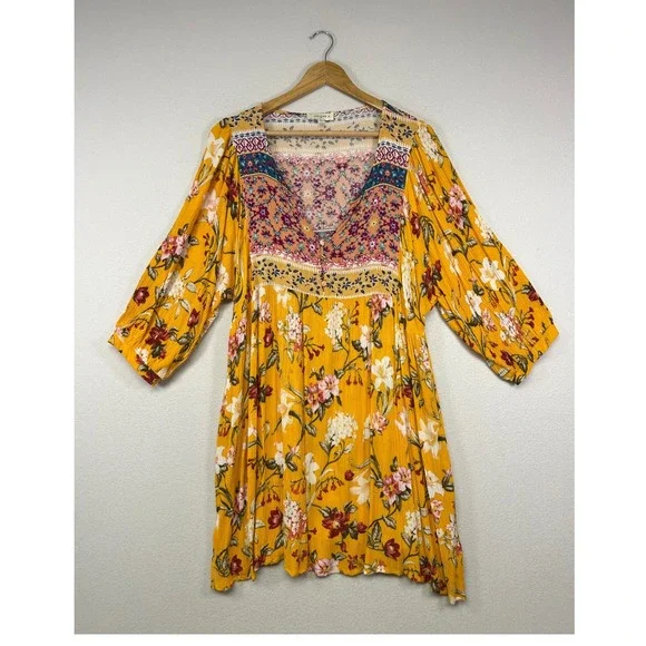 Boho Cottagecore Umgee Womens XL Mustard Yellow Floral Mixed Print Mini Dress - Picture 1 of 10